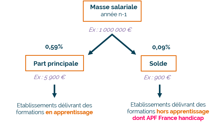 La part principale de la taxe d'apprentissage (0,59 % de la masse salariale de l'année n-1) est distribuée aux établissements délivrant des formations en apprentissage. Le solde (0,09 % de la masse salariale de l'année n-1) est distribuée aux établissements délivrant des formations hors apprentissage dont APF France handicap.